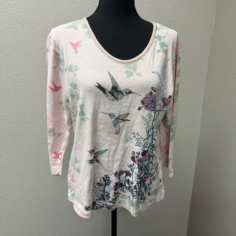 Cactus Bay Hummingbird Floral Tee Pink Rhinestone Birds 3/4 Sleeve Top L - Picture 2 of 9